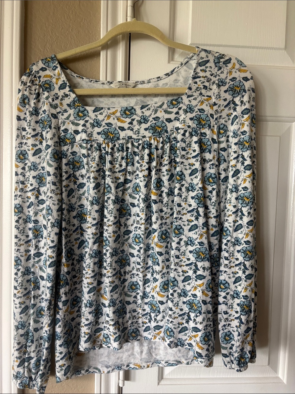 Lucky Brand White Floral Blouse with Teal & Mustard Accents